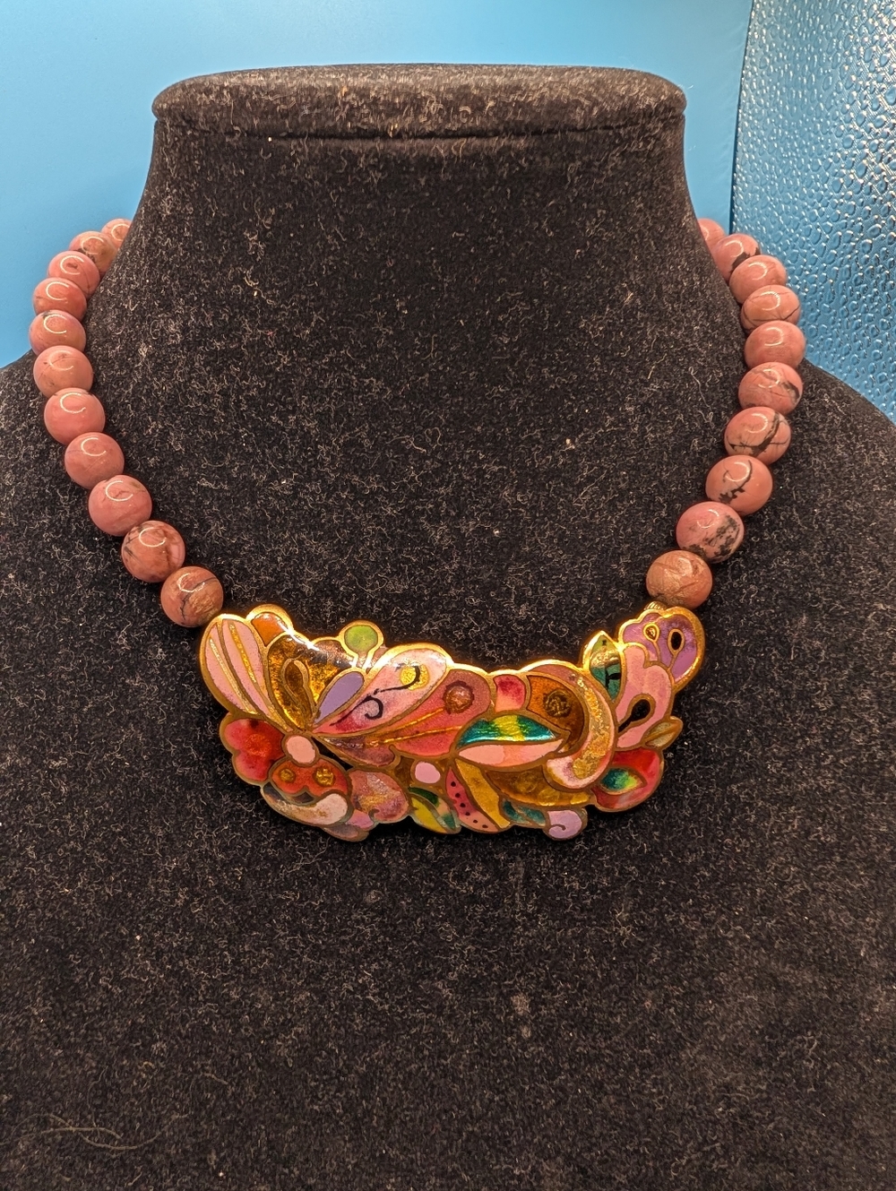Artisan Pink Bead Necklace with Multicolor Enamel Pendant And Cloisonne Closure
